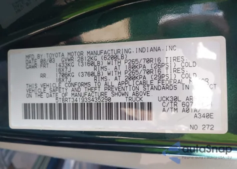 2003 Toyota Tundra Sr5 V8 z USA, uszkodzony, nr VIN 5TBRT34193S435290